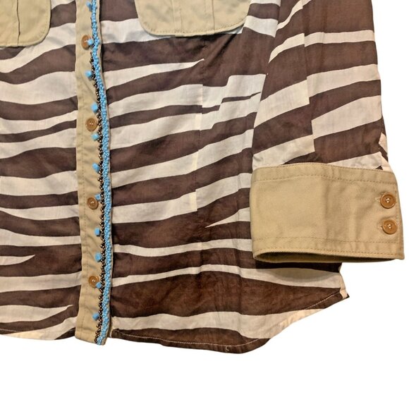 VTG Henry Cottons Top Zebra Print Blue Stones Lined placket Sz 48 L/XL Safari - Picture 5 of 12